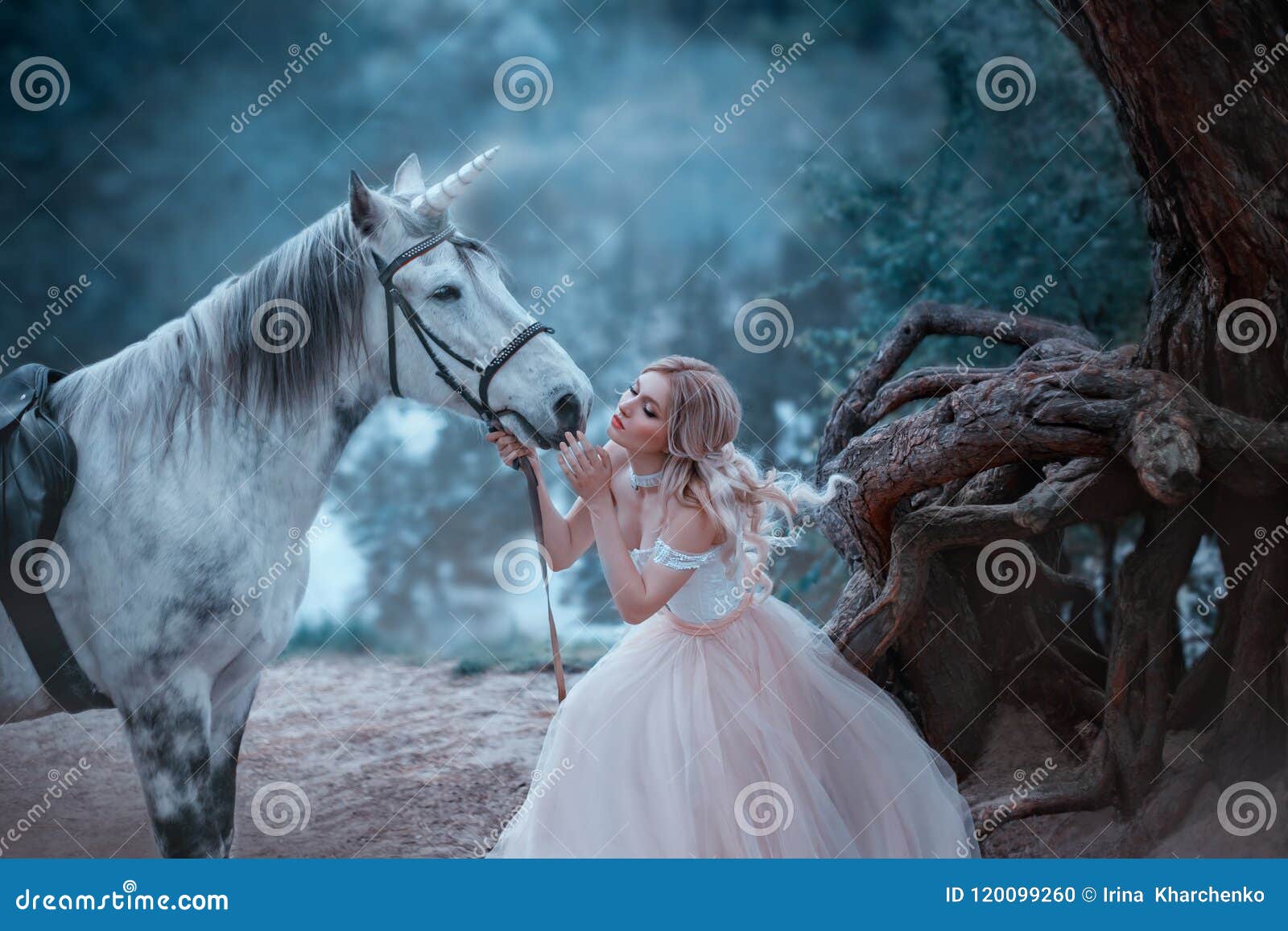 a fairy in a tender vintage dress hugs a unicorn. fantastic magical, radiant horse. background river and forest. blonde