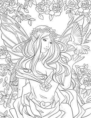 Fairyland Beauties Coloring Page For Adult Stock Illustration 