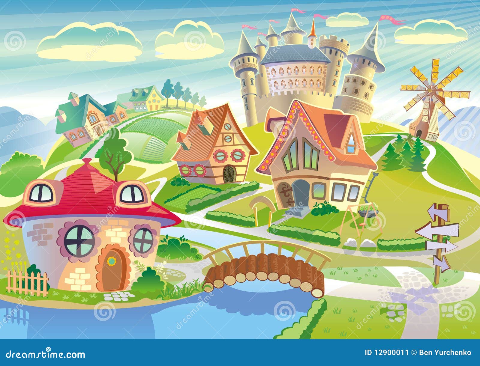 Fairyland Con Poca Aldea, Castillo, Molino De Viento Ilustración del