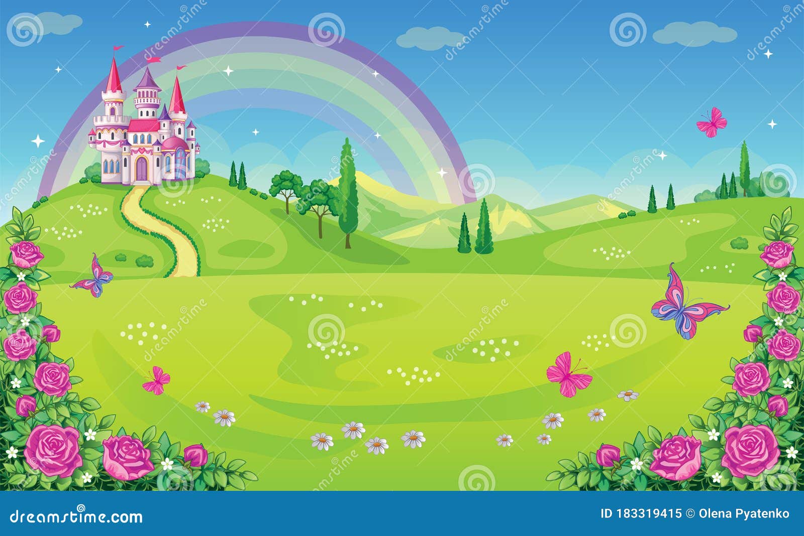 Fairytale Background with Flower Meadow. Wonderland. Cartoon, Children`s  Illustration. Princess`s Castle and Rainbow. Vector. Stock Vector -  Illustration of fabulous, park: 183319415