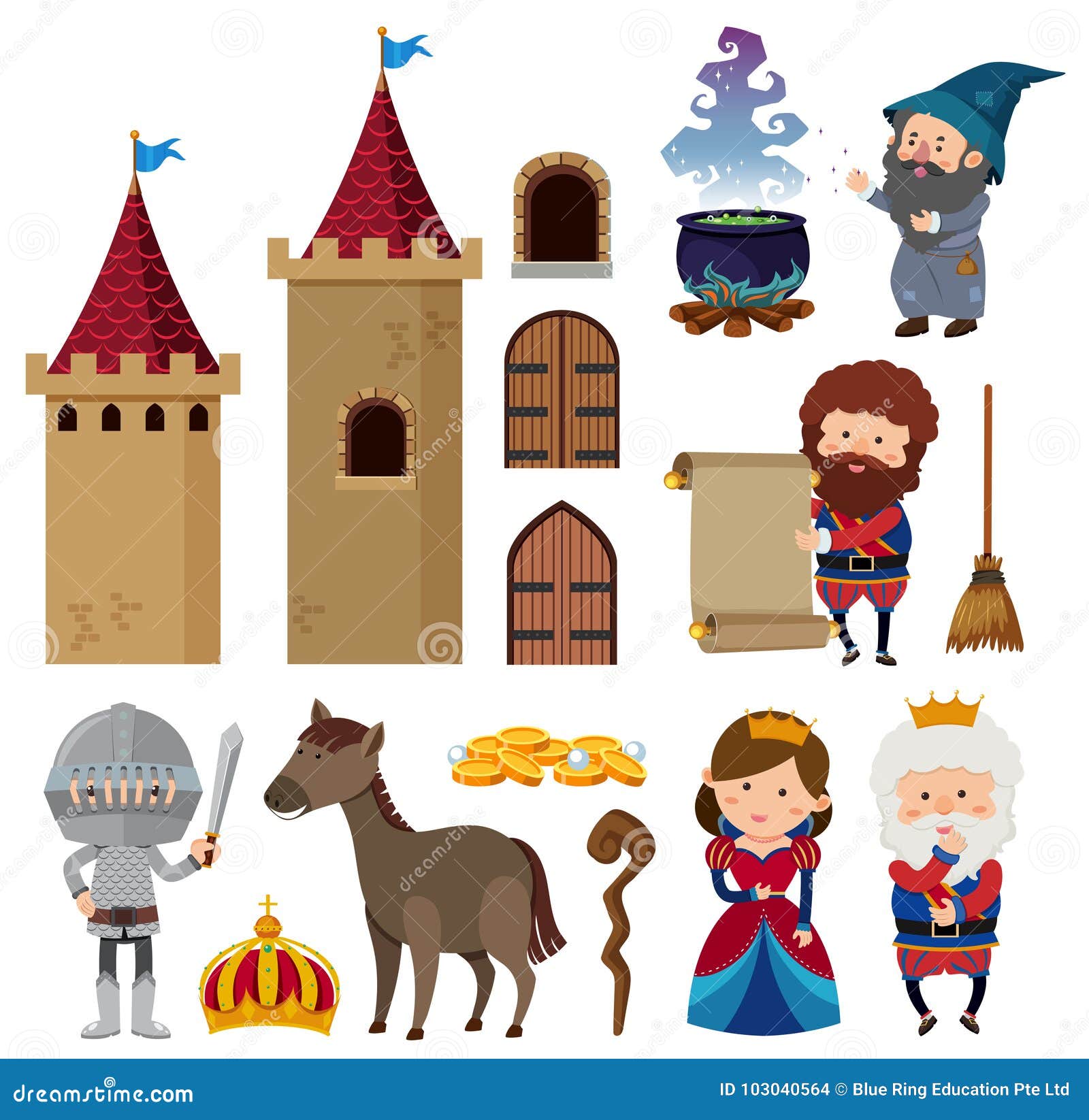 Fairytale Characters and Castle Towers Stock Vector - Illustration of ...