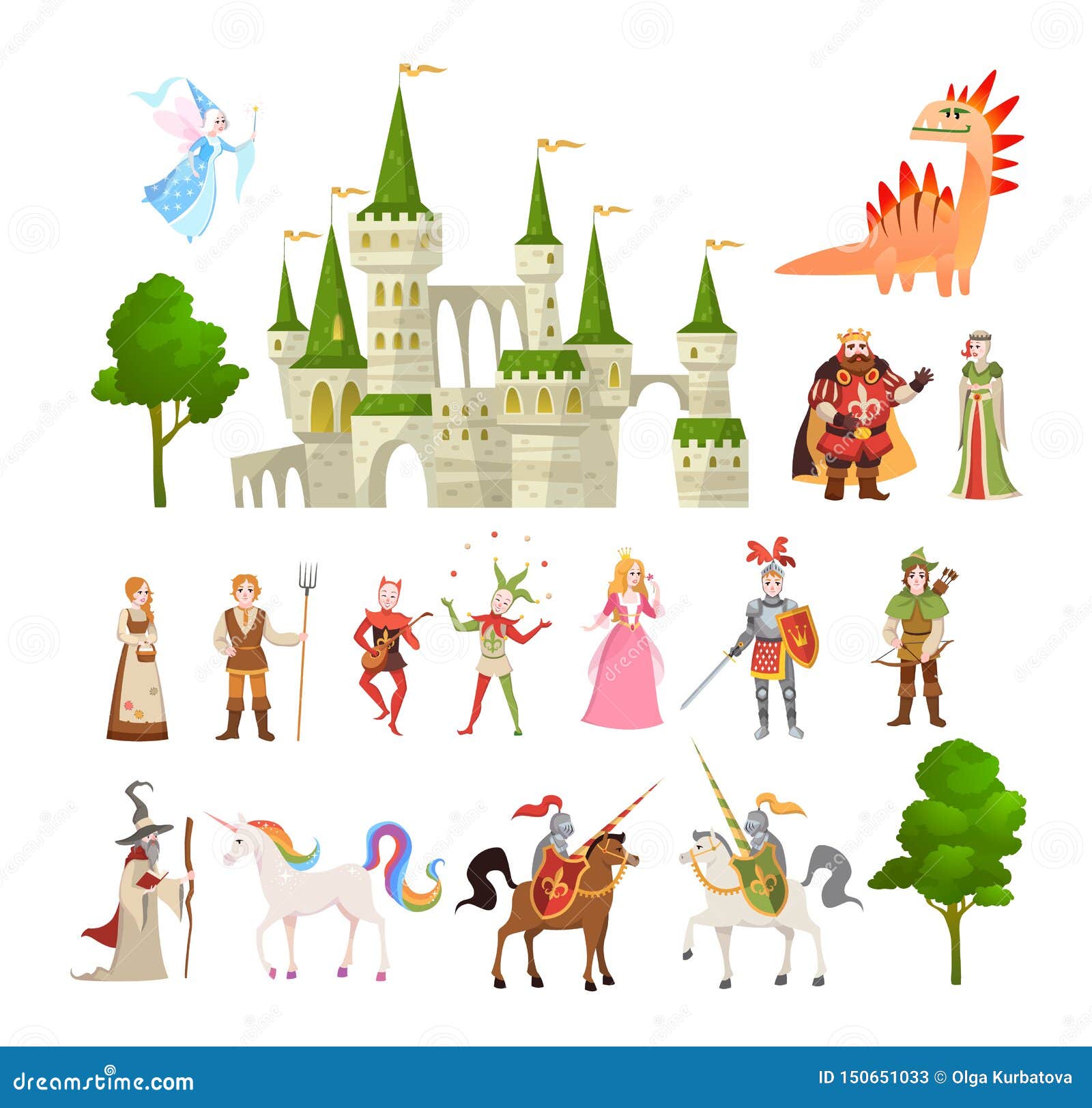fairytale characters. fantasy medieval magic dragon, unicorn, princes and king, royal castle and knight  set