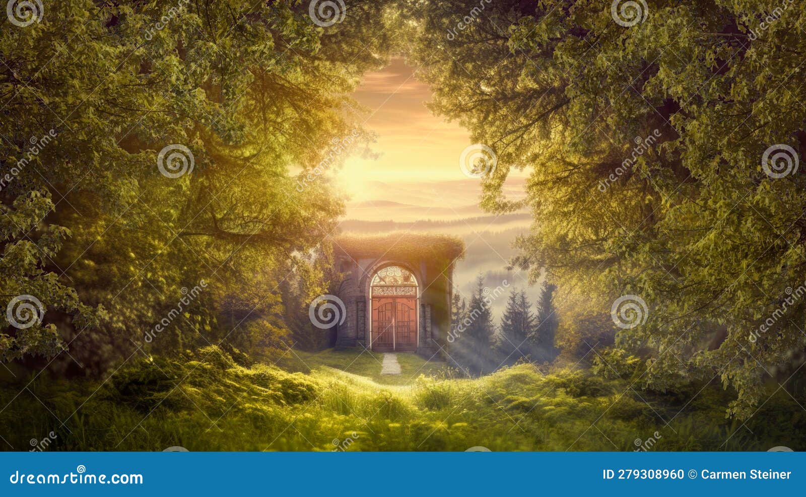 Fairytale Forest with Mysterious Gate and Mystical Light in the Sunset ...