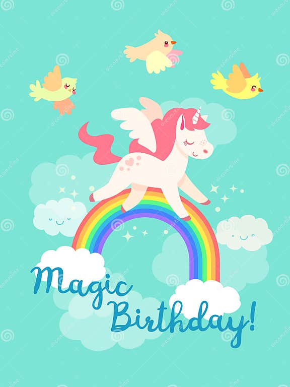 Fairytale Happy Birthday Card With Flying Unicorn In Vector Stock