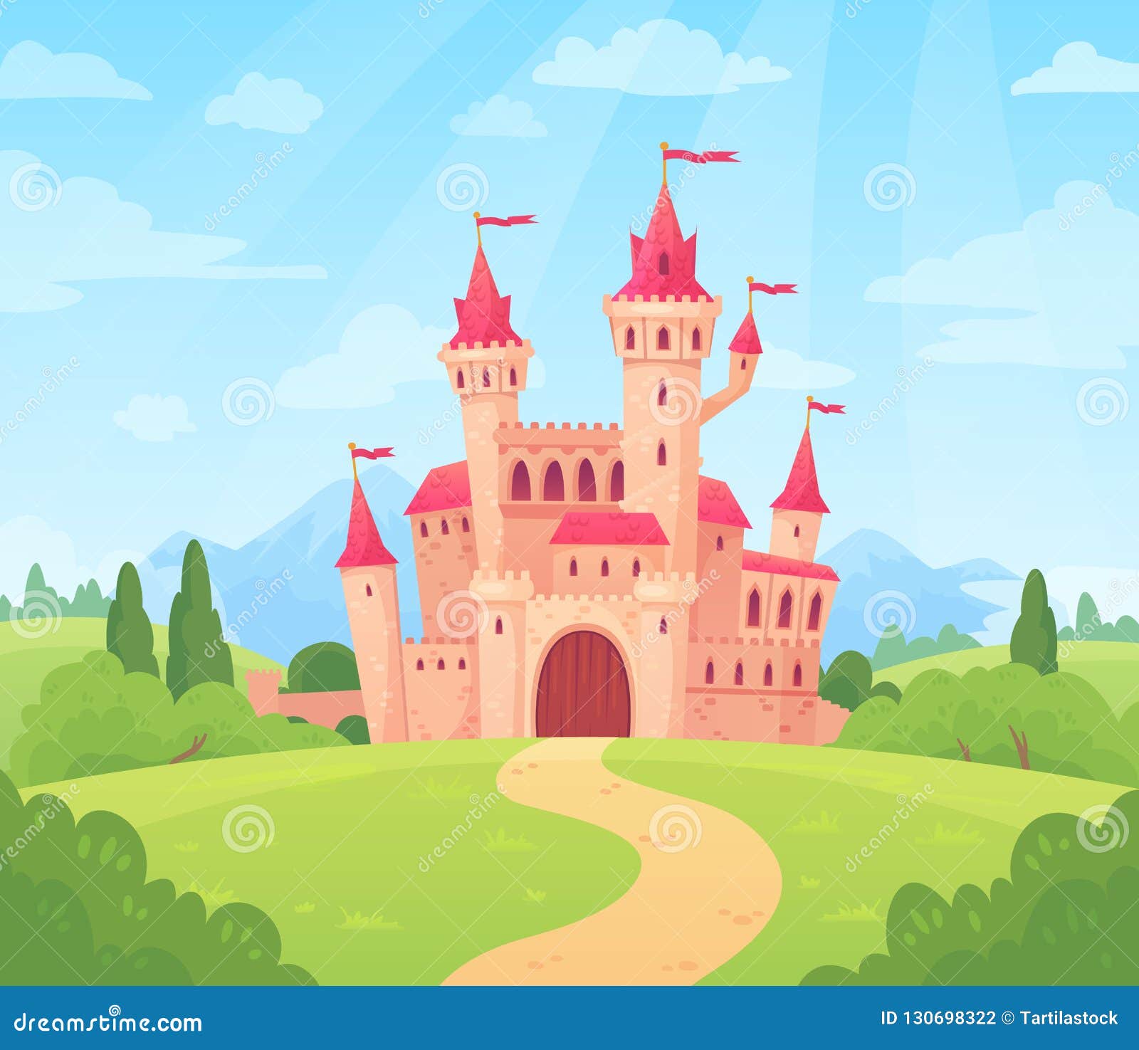 fairytale landscape with castle. fantasy palace tower, fantastic fairy house or magic castles kingdom cartoon 