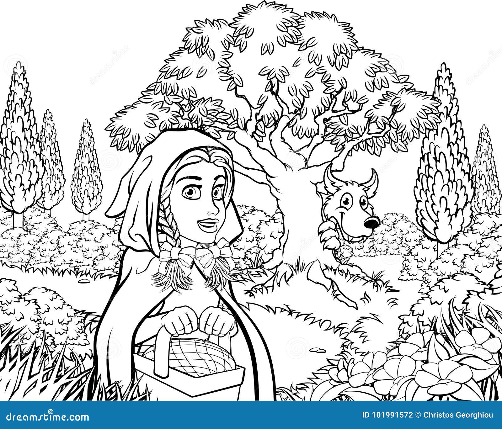 fairytale little red riding hood coloring scene