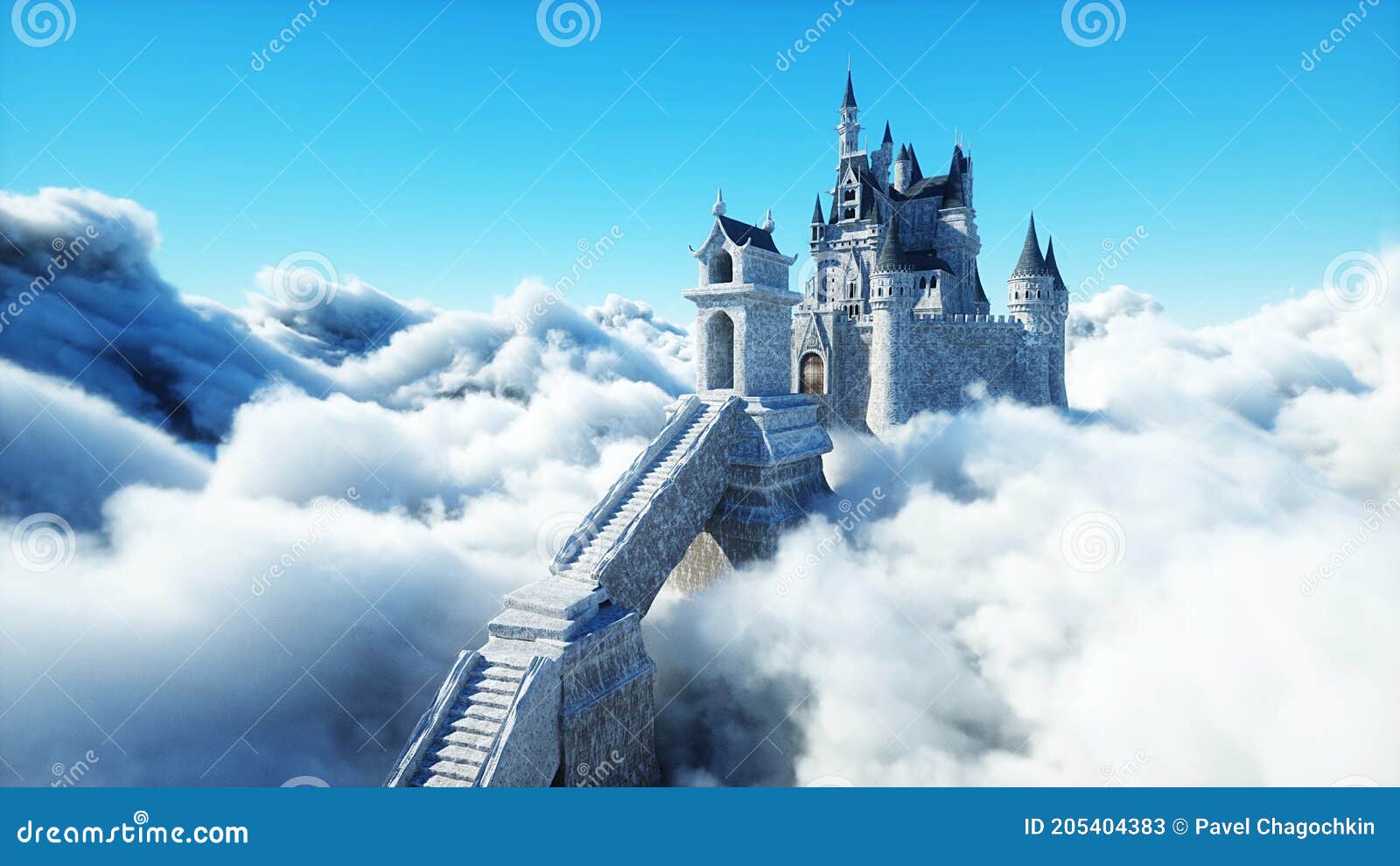 fairytale palace in clouds. aerial view. overclouds. 3d rendering