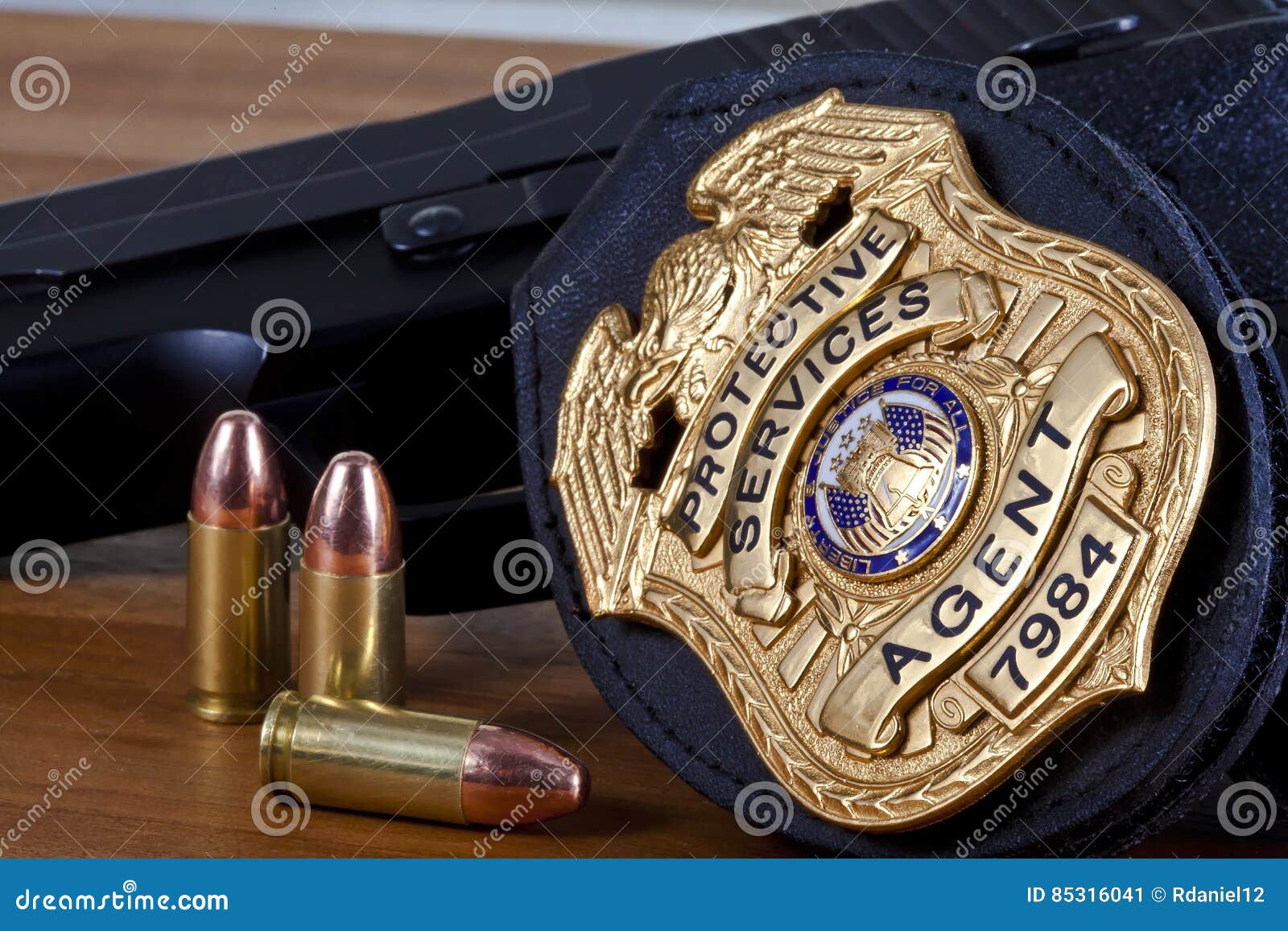Fake Badge Made by Photographer with Handgun, and Bullets on Wood. Stock  Image - Image of police, shield: 85316041