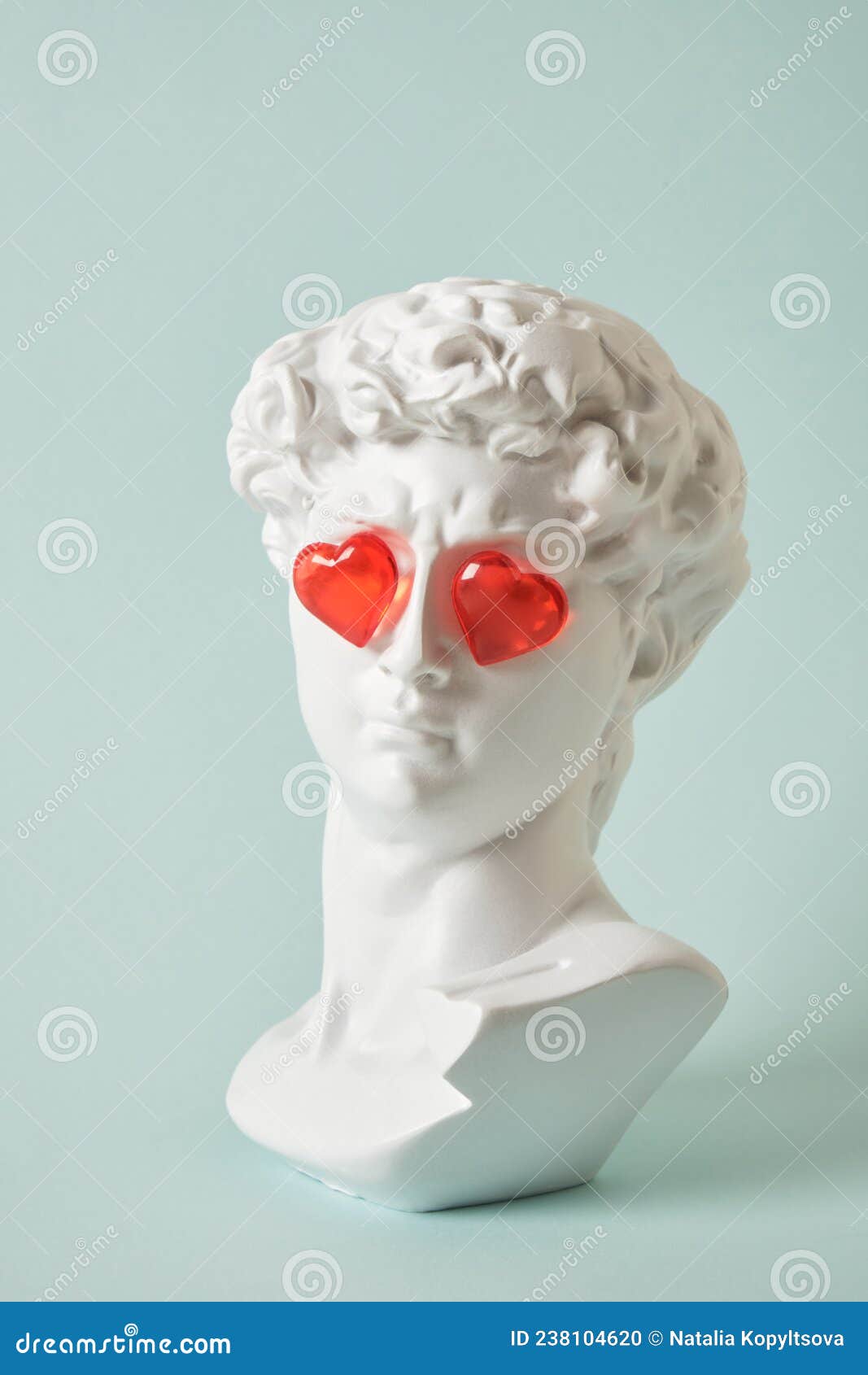 Fake Bust of David with Red Glass Hearts on the Eyes, Love Concept