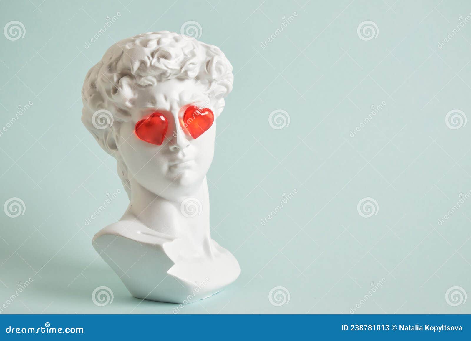 Fake Bust of David with Red Glass Hearts on the Eyes, Love Concept