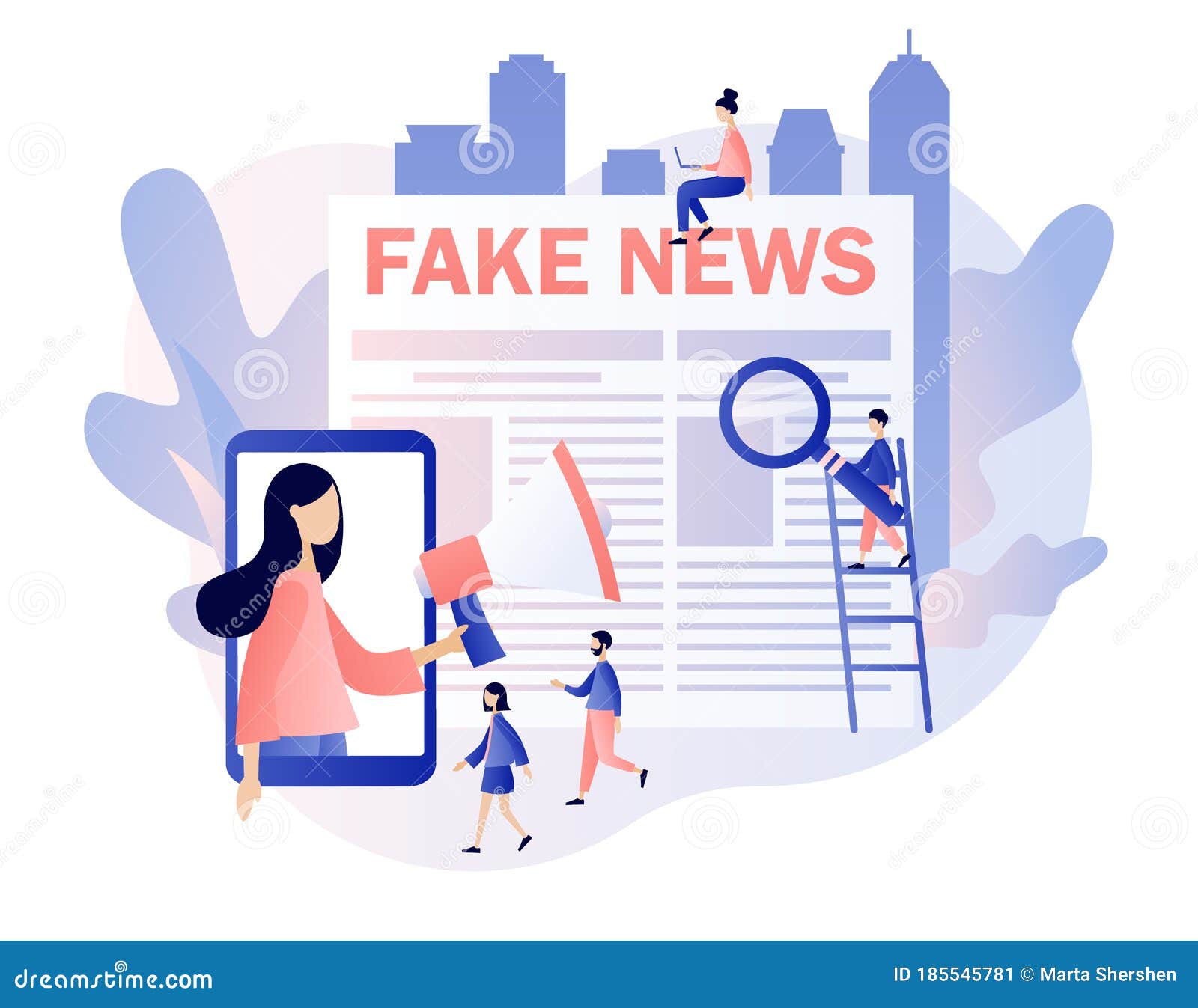 Fake News. Tiny People Read Newspaper and Watching News in Mobile App ...