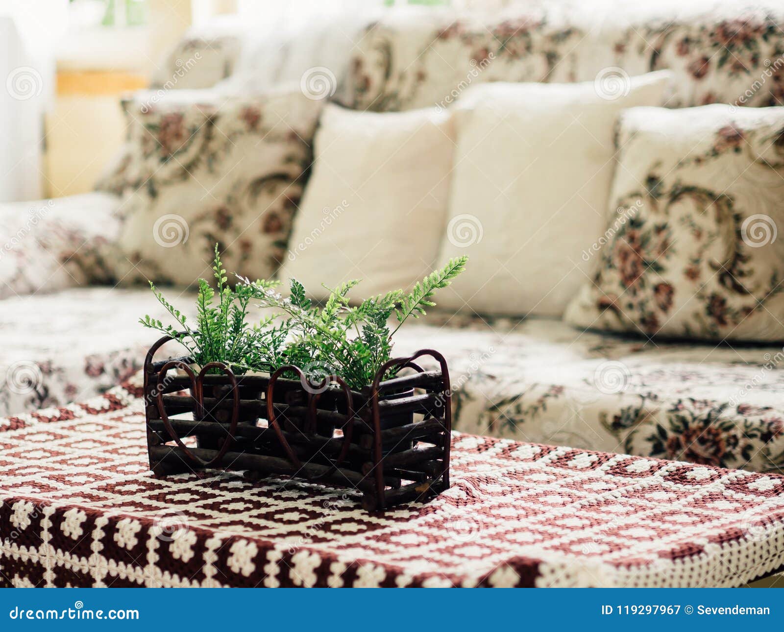 Plastic Plants Decorated On The Table And Sofa Set In Living