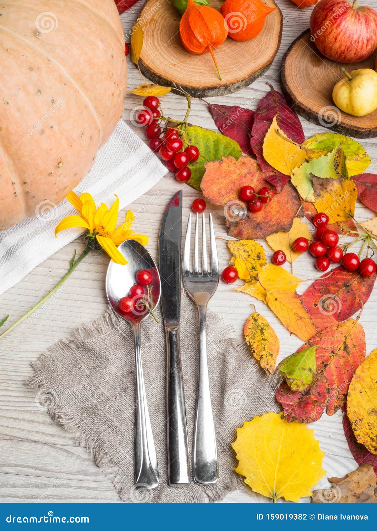 Fall or Autumn Themed Place Setting with a Knife, Spoon and Fork ...