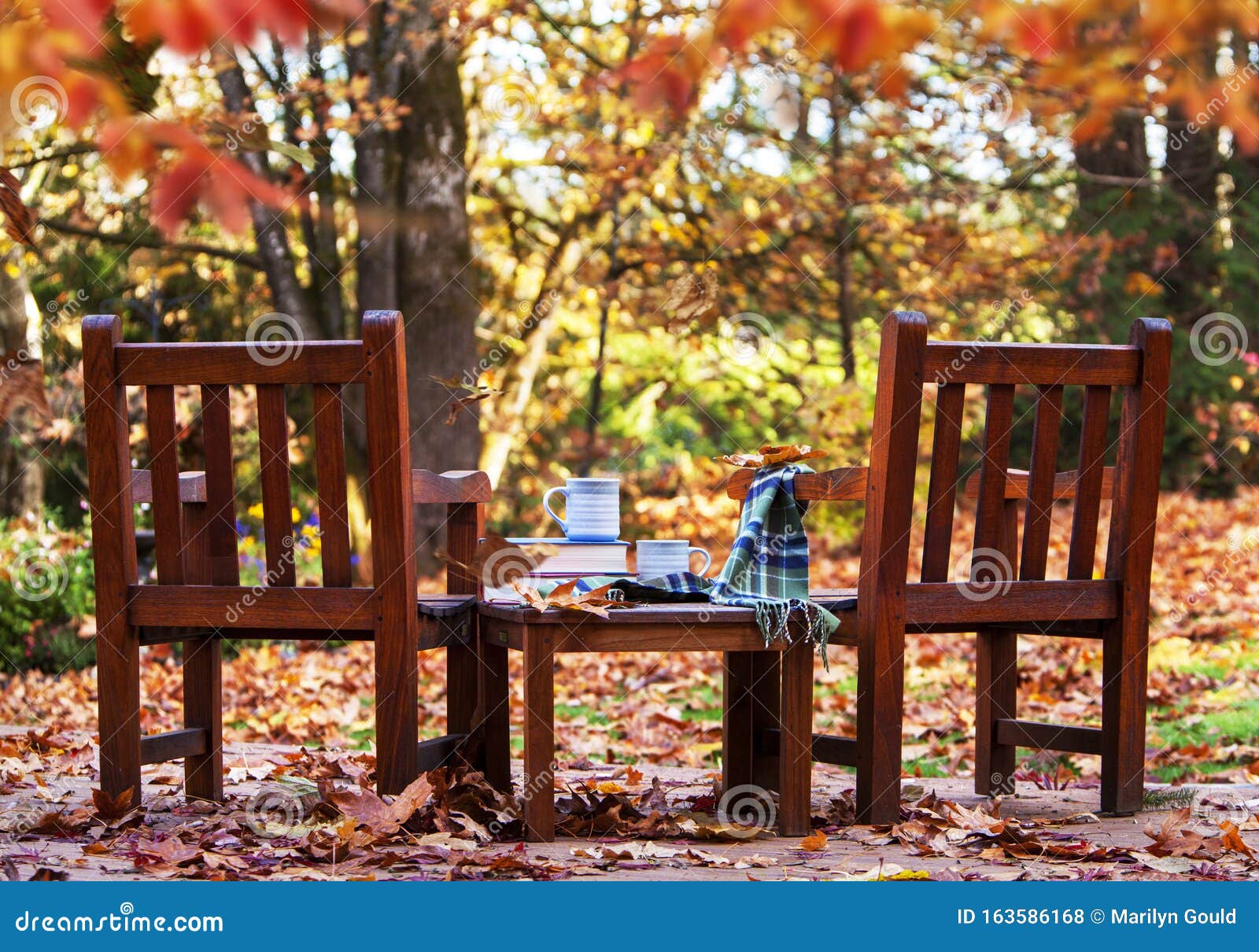 Fall Day Two Wood Chairs Books Drinks Stock Photo Image Of Mugs