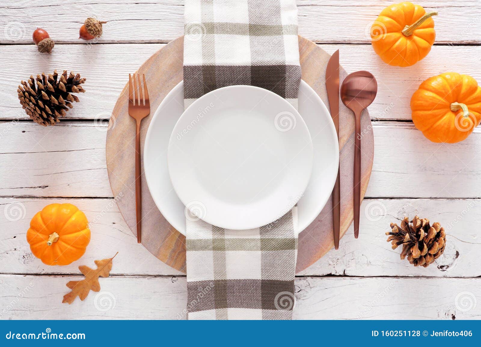 Fall Harvest or Thanksgiving Dinner Table Setting, Above View on White ...