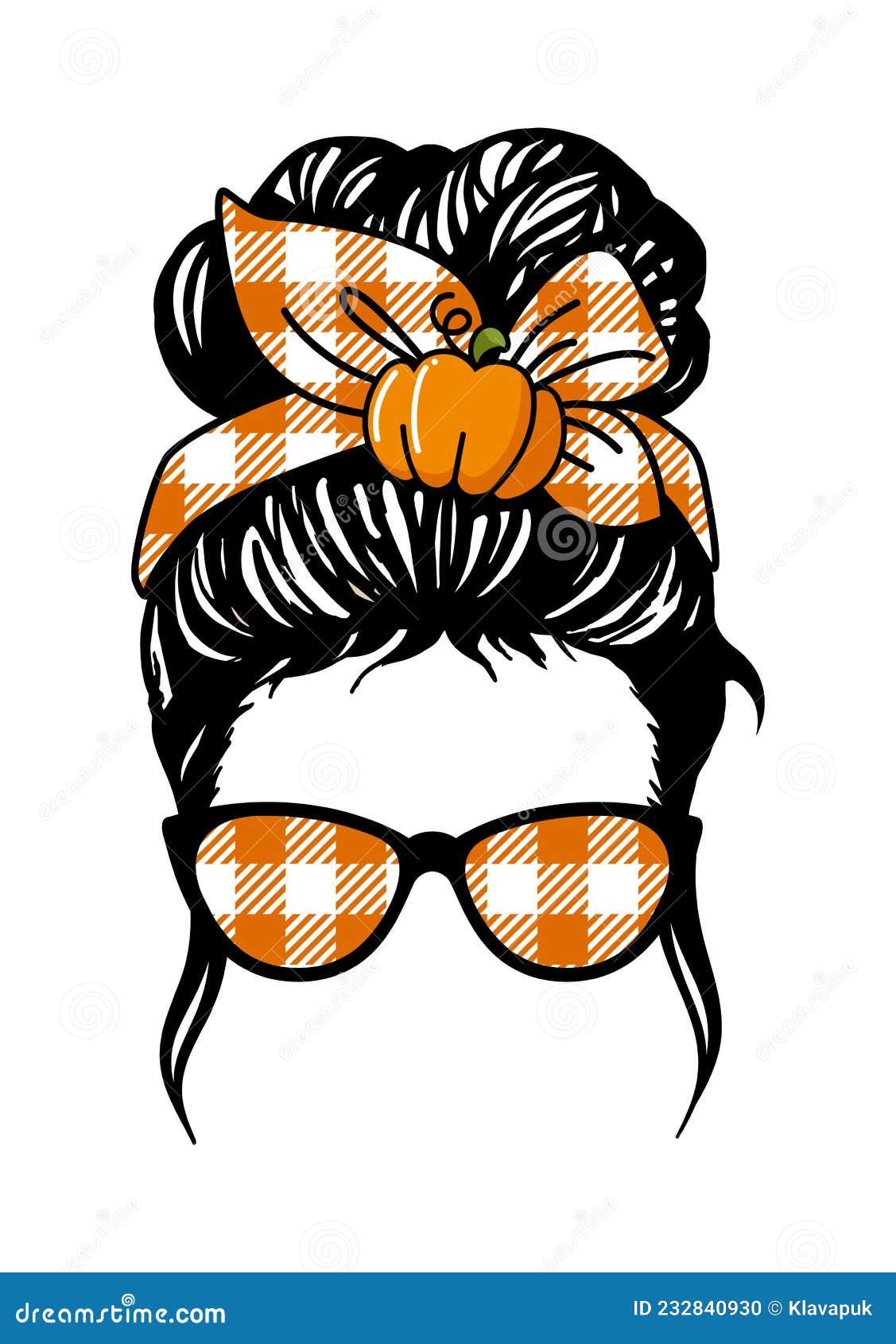 autumn messy bun with pumpkin , girl with messy bun and glasses, buffalo plaid bandana