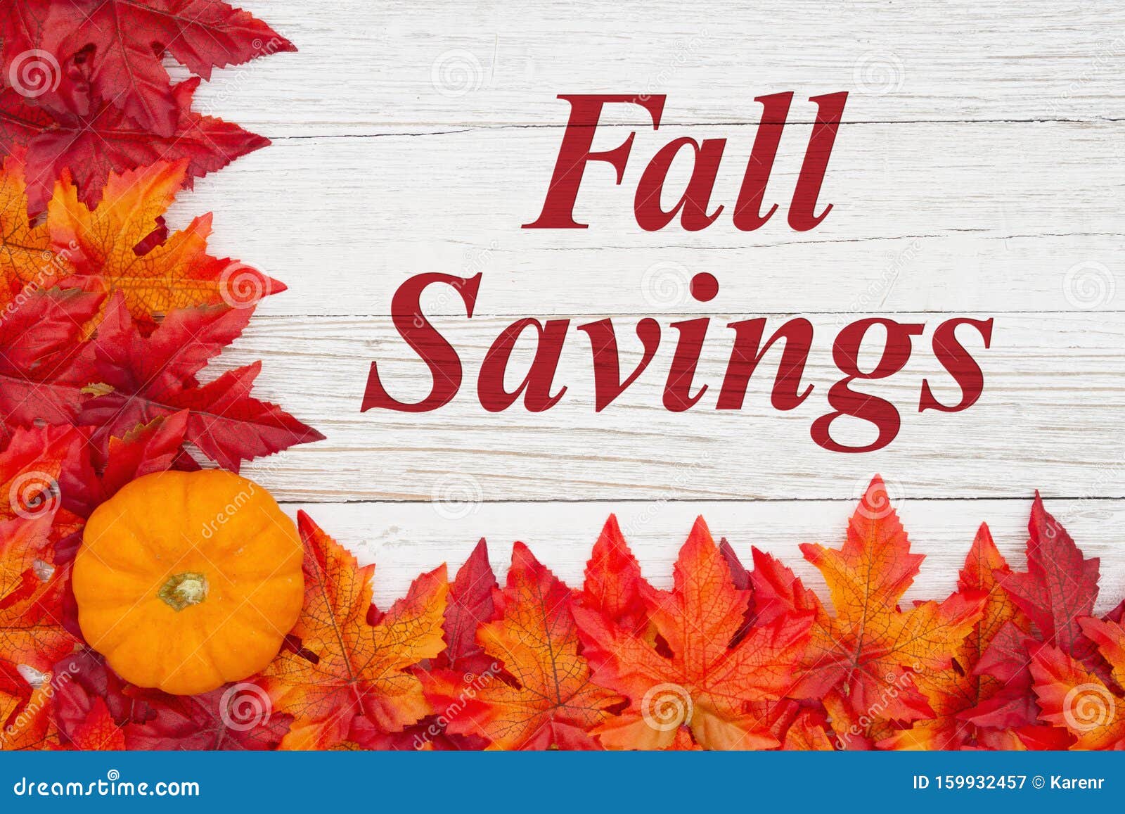 Fall Savings Message with Red and Orange Fall Leaves with a Pumpkin on