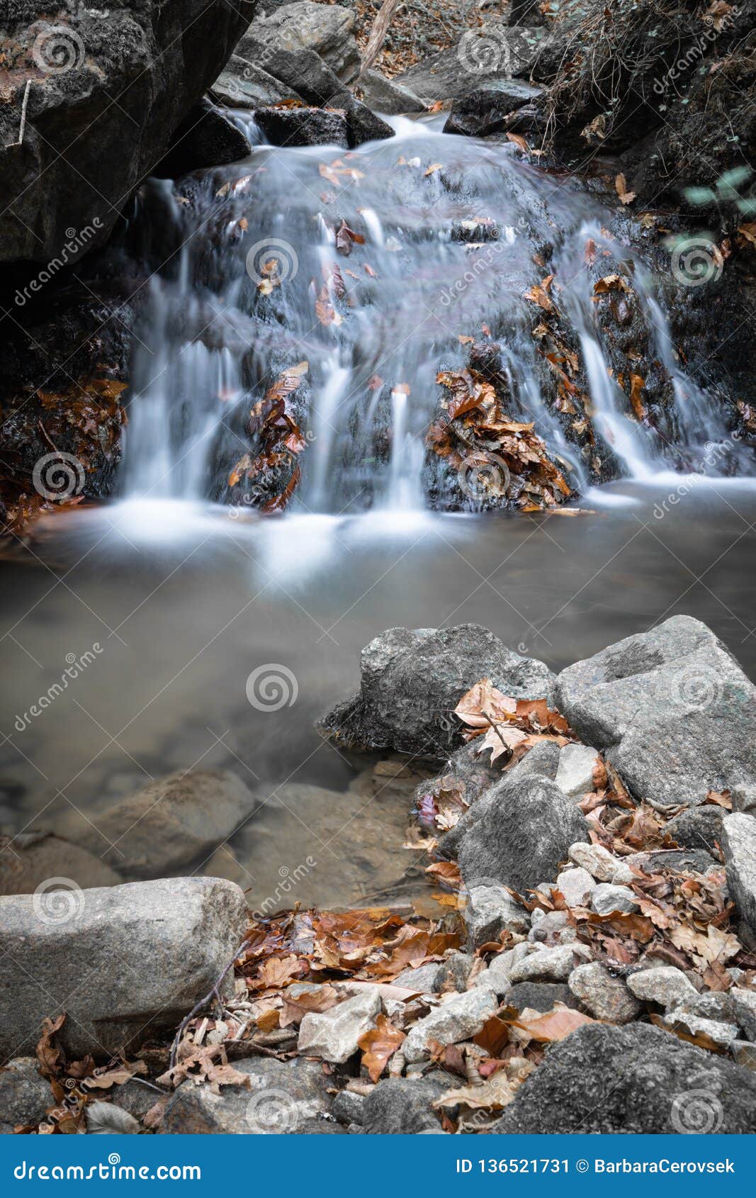 Fall Scenery in Forest with Flowing River Waterfall in Long Exposure in