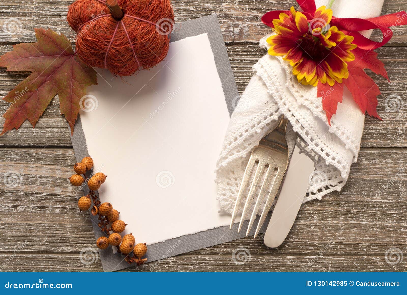 fall table setting with blank invite or menu card with space or room