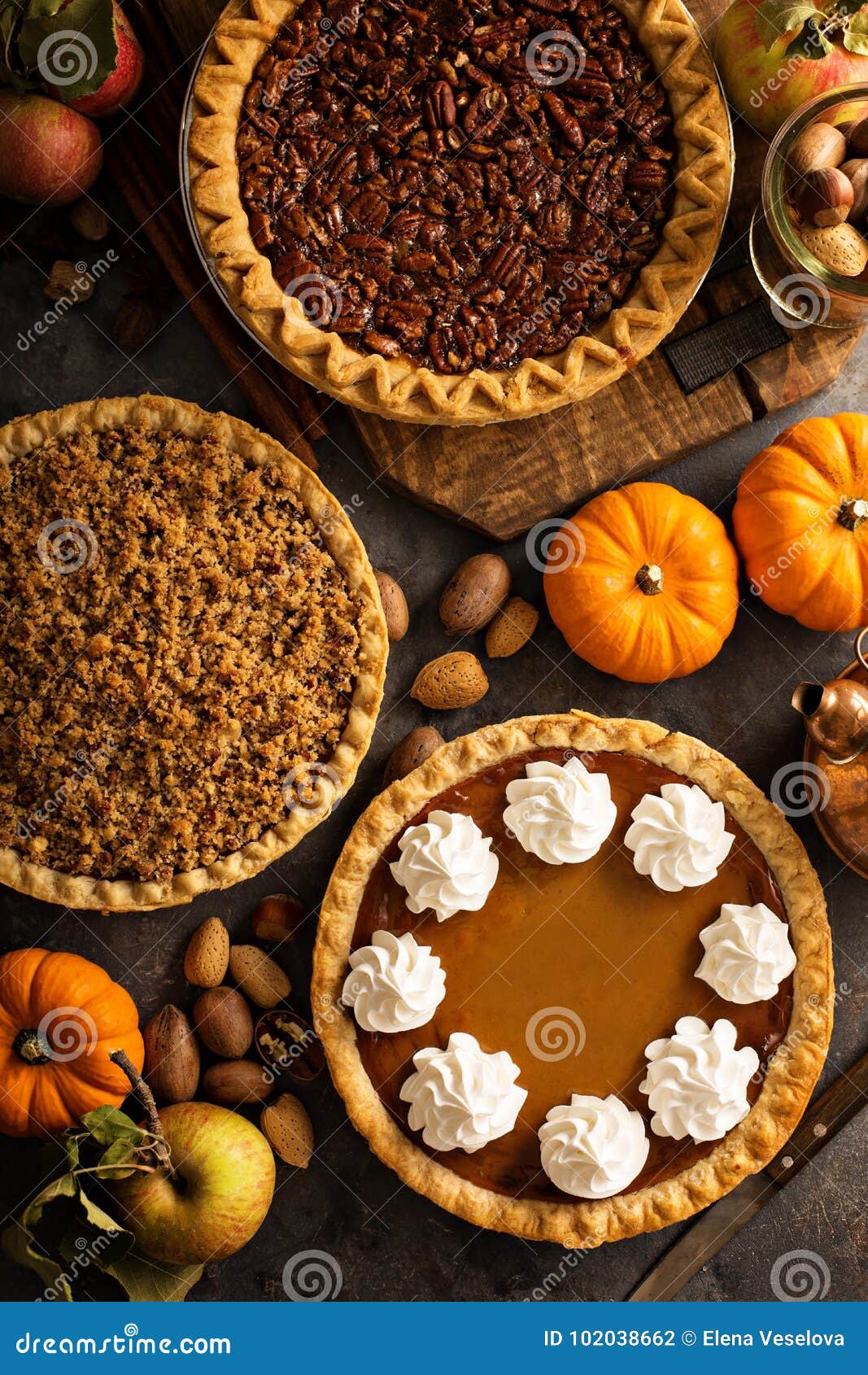 fall traditional pies pumpkin, pecan and apple crumble