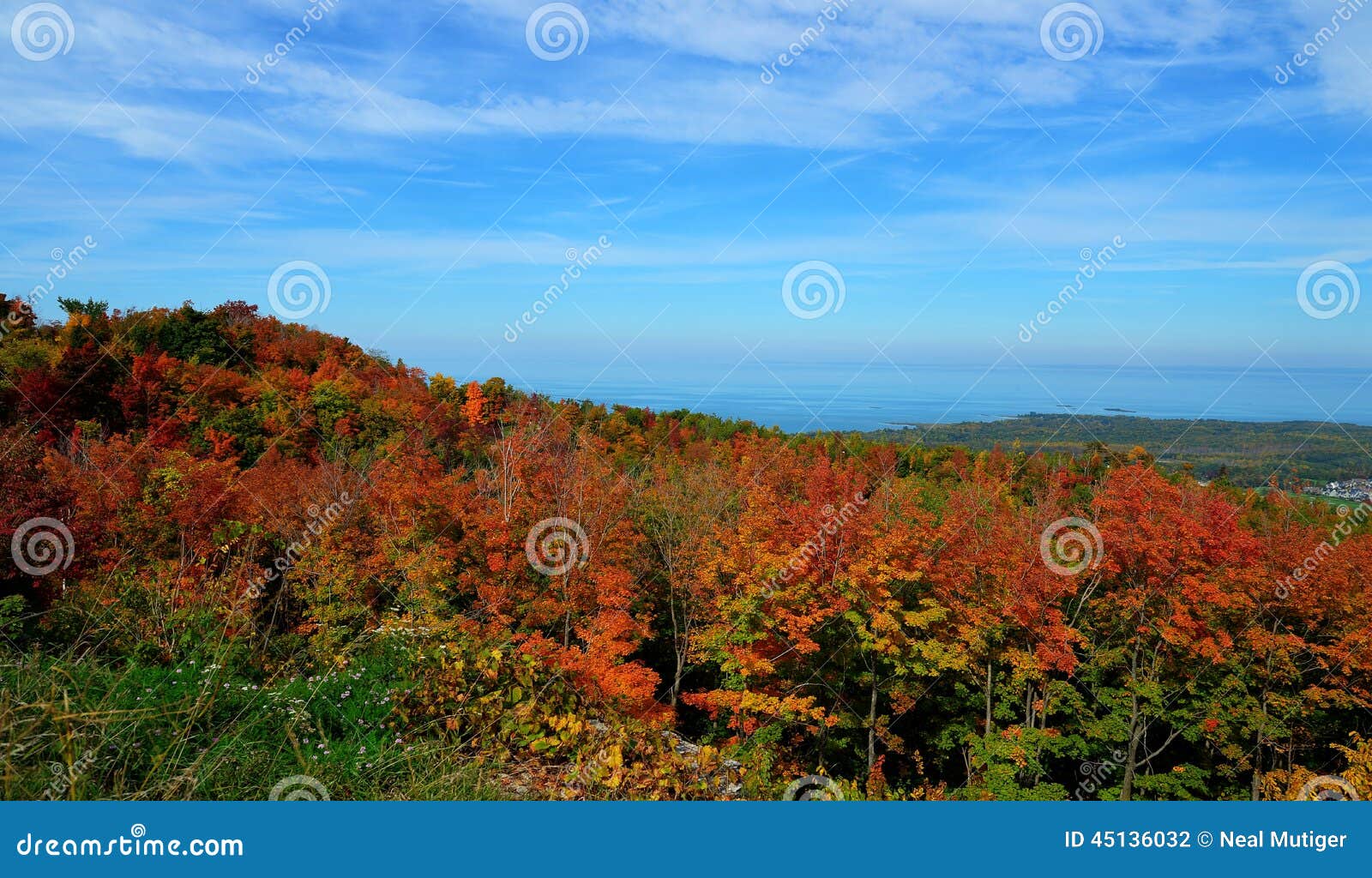 Fallfarbe. Die Farben schlagen in dieser Ansicht hinunter die Gebirgsseite