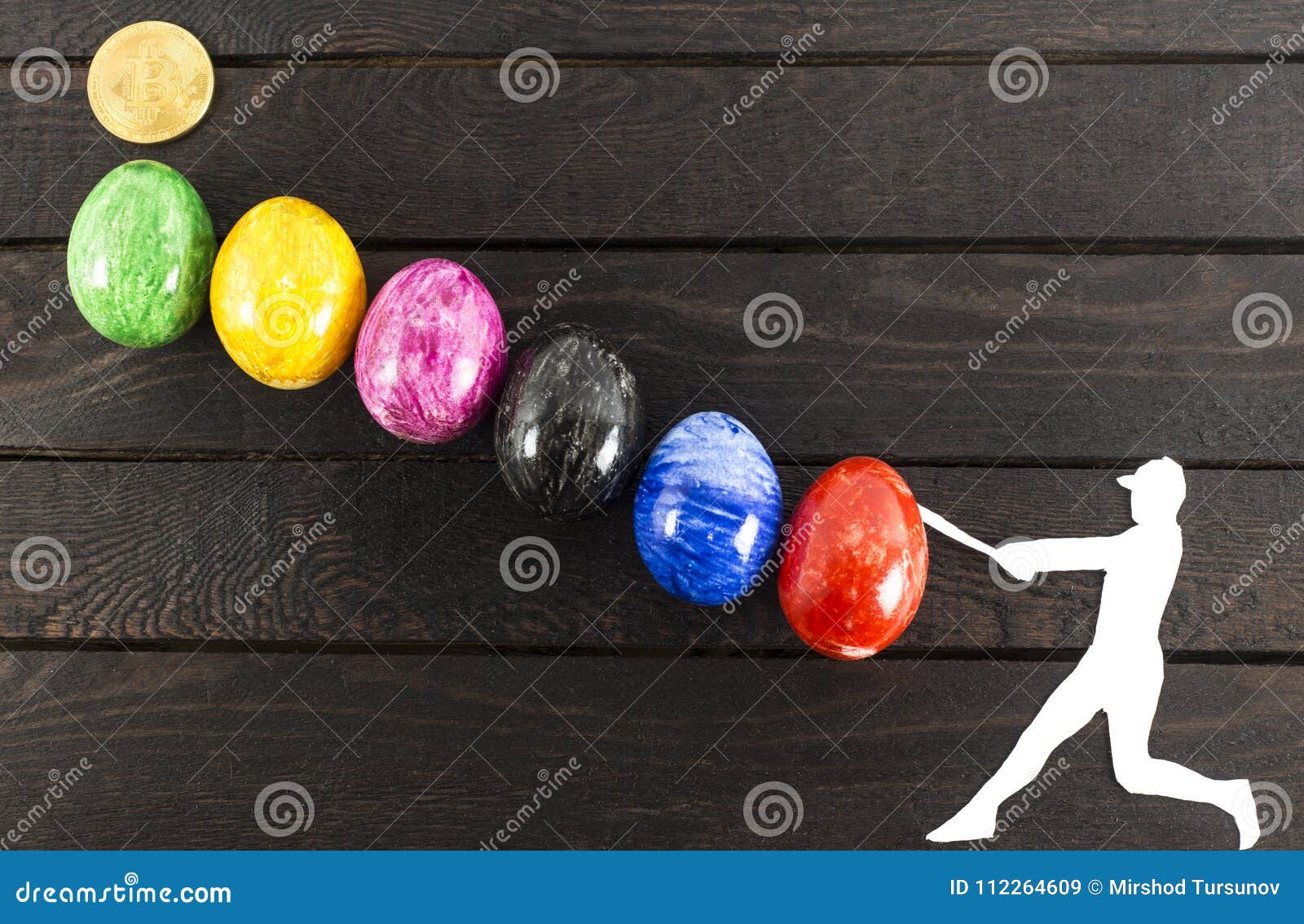 Falling Bitcoin Concept Baseball Player Hitting Eggs. Stock Image