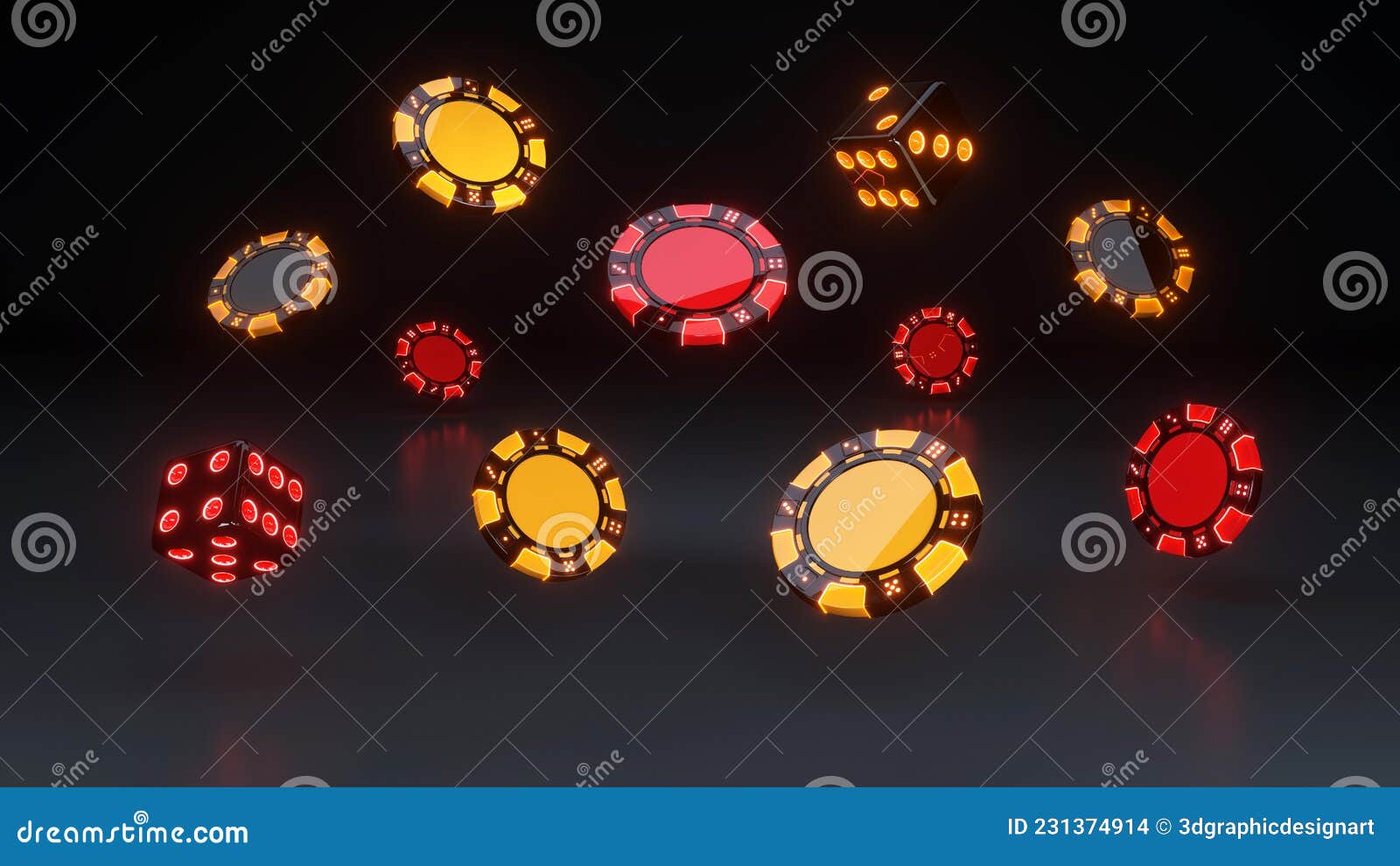 Falling Casino Chips and Dices 3D Illustration Stock Illustration