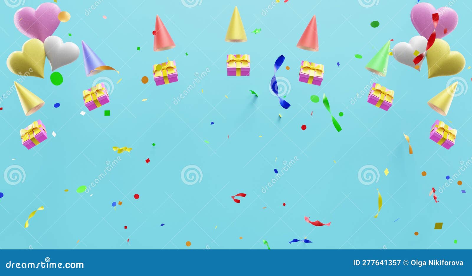 Falling Colorful Confetti Gift Boxes Heart Caps on a Blue Background