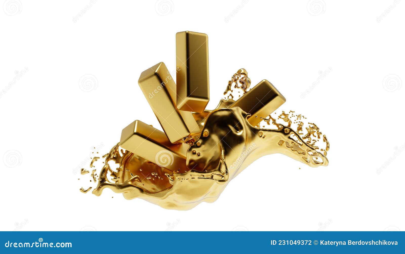 Falling Gold Bars and Gold Splash . 3D Rendering Stock Illustration