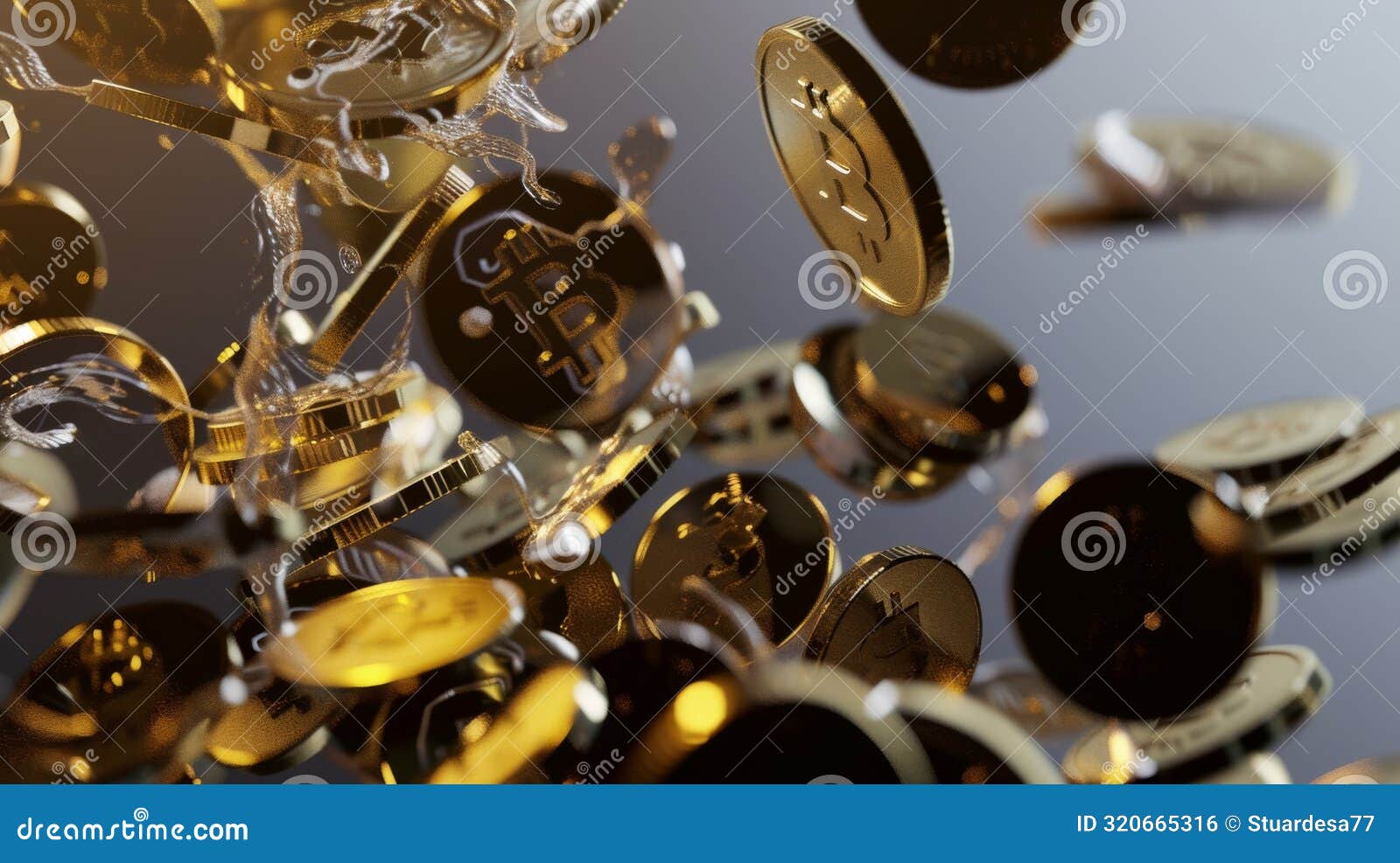 Falling Gold Bitcoin Coins with Dynamic Splash Effect Stock Photo - Image  of shiny, wealth: 320665316