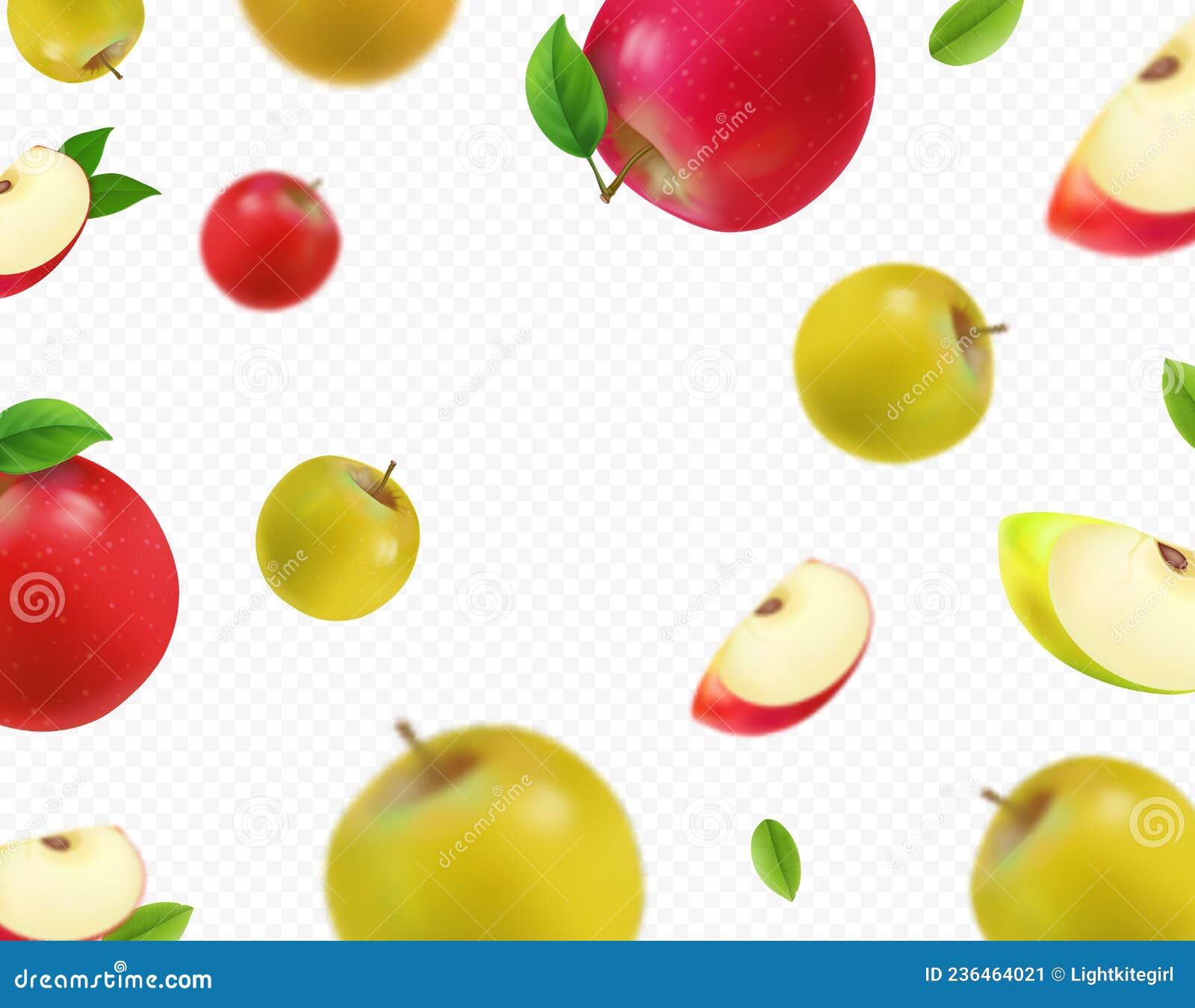 falling green apples and red  on white background. realistic fallong appls, 3d 
