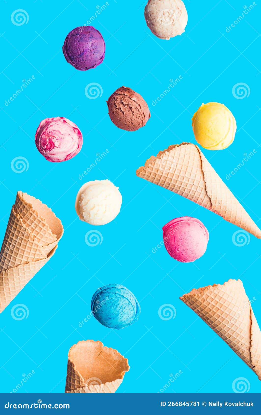 Falling Ice Cream Scoops into the Vafel Cone Stock Image - Image of ...