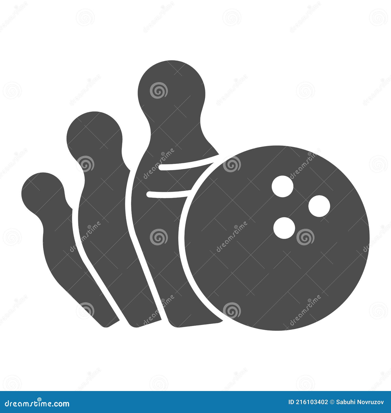 Falling Pins and Bowling Ball Solid Icon, Bowling Concept, Strike Sign