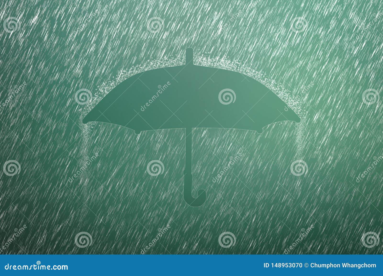 falling raindrop on green background with umbrella . heavy rain and weather storm in raining season