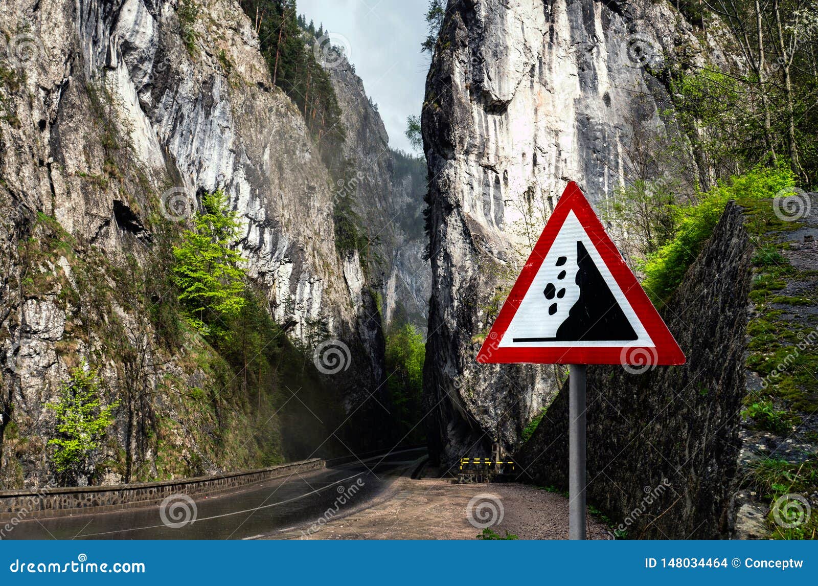 Falling Rocks Warning Sign On Mountain Road Stock Photo Image Of Street Dangerous