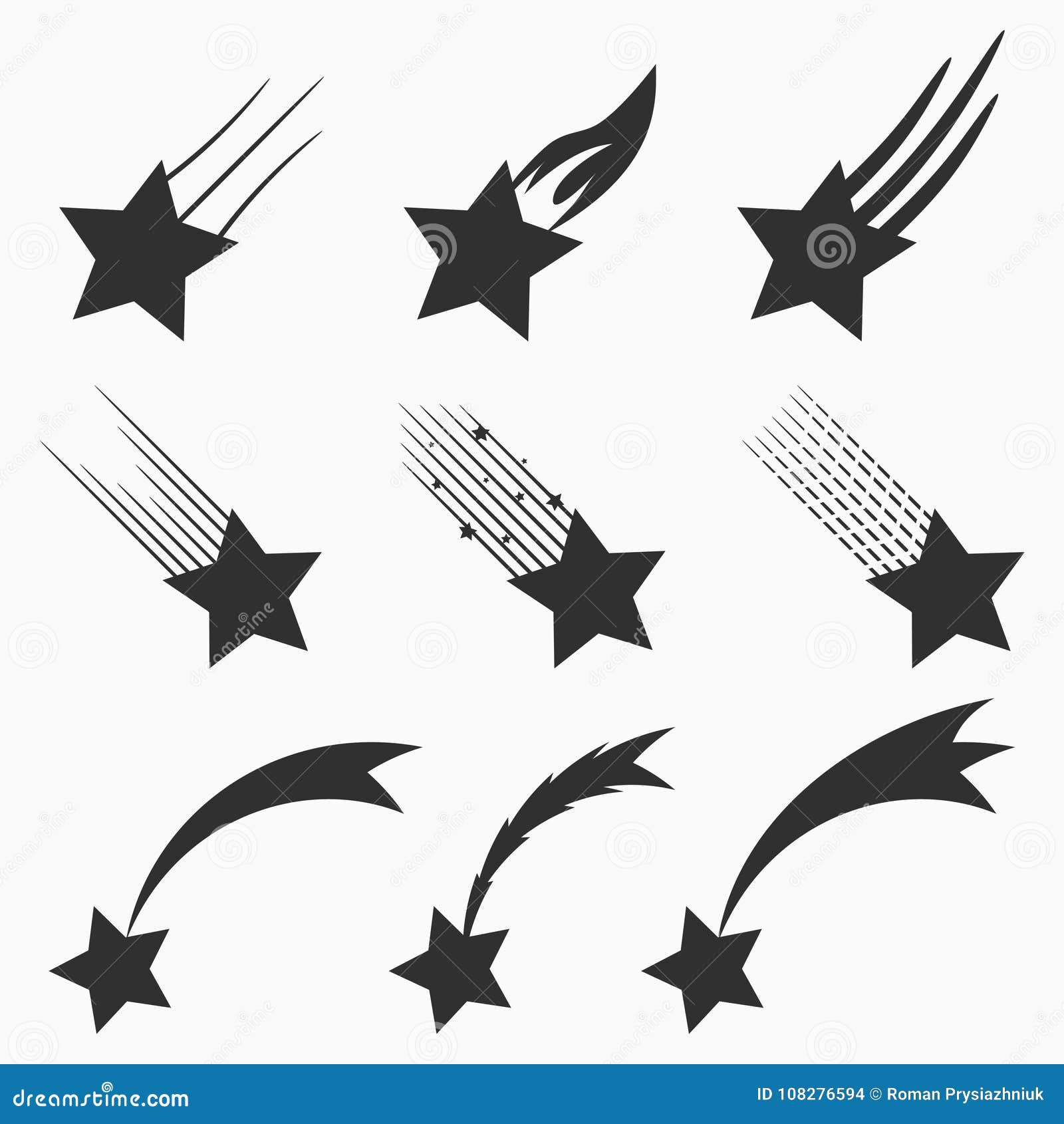 falling stars  icons set. shooting meteorites and comets with tails. .
