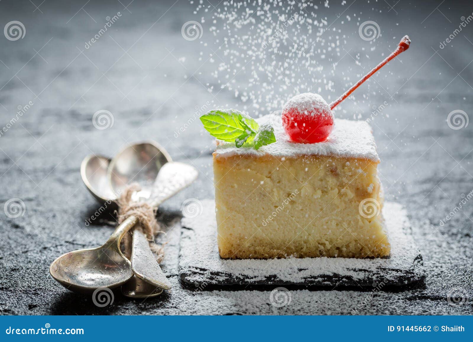 Falling Sugar Powder on Cheesecake with Cherry Stock Photo Image of