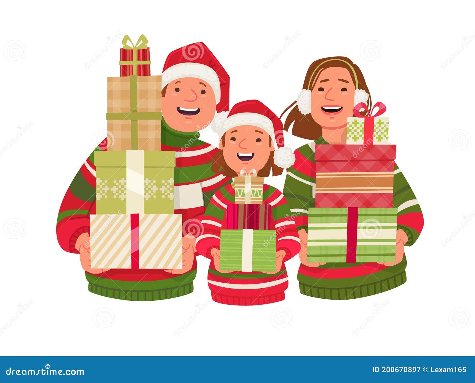 Família Feliz Com Presentes De Natal Pai, Mãe E Filha Estão Segurando  Caixas De Presentes Feliz Natal Ilustração Stock - Ilustração de partido,  matriz: 200670897