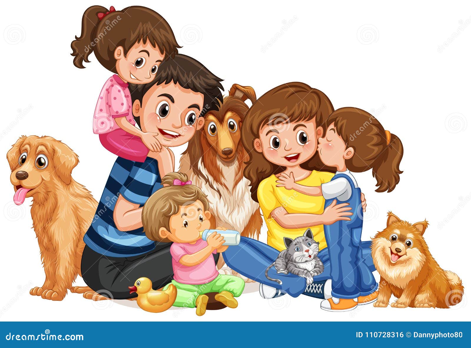Famiglia Felice Con Quattro Bambini Ed Animali Domestici Illustrazione Vettoriale Illustrazione Di Clip Bianco