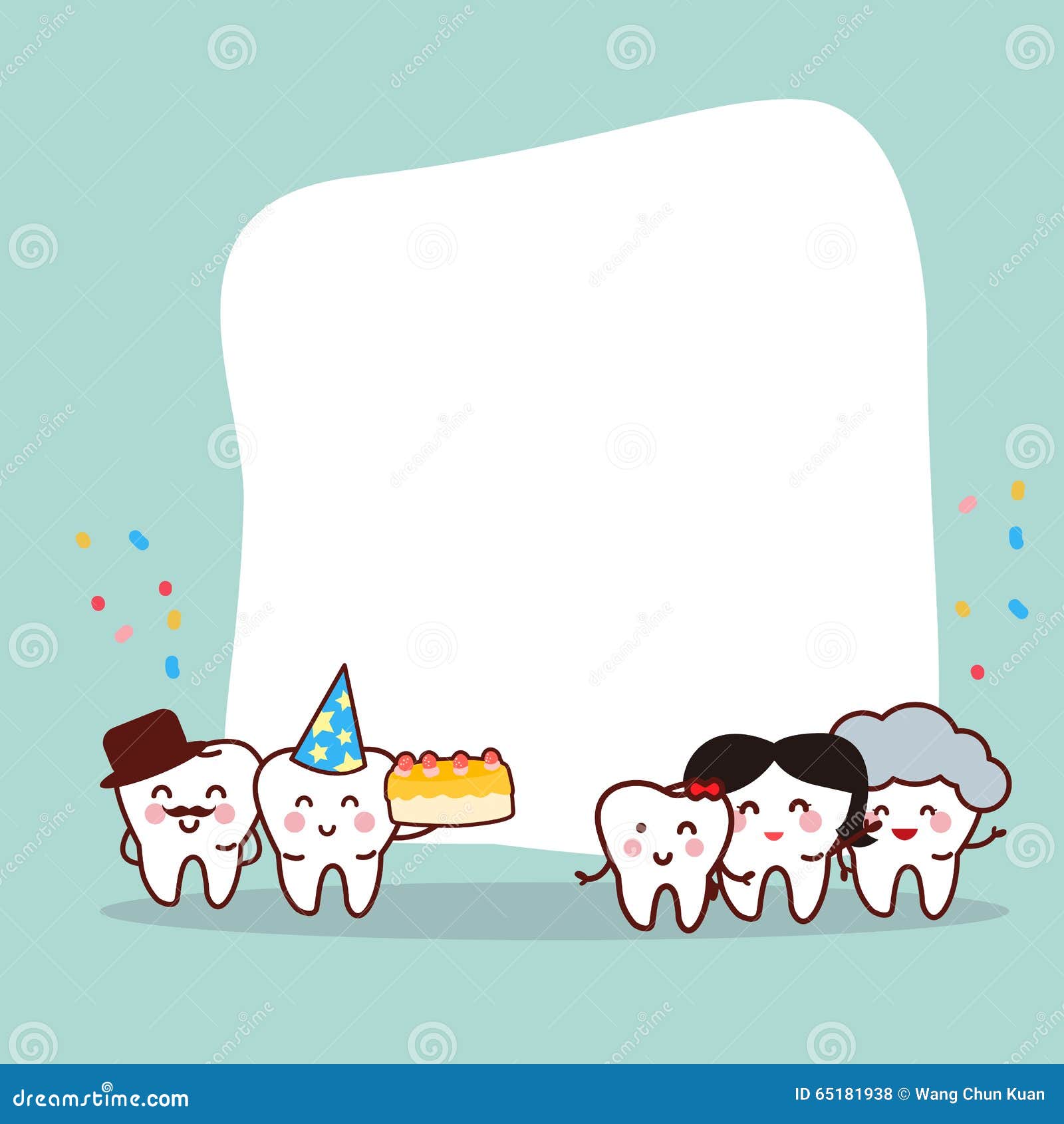 Famiglia felice del dente di giorno di nascita. Giorno felice di nascita alla famiglia del dente con il tabellone per le affissioni in bianco, grande per il concetto di cure odontoiatriche di salute