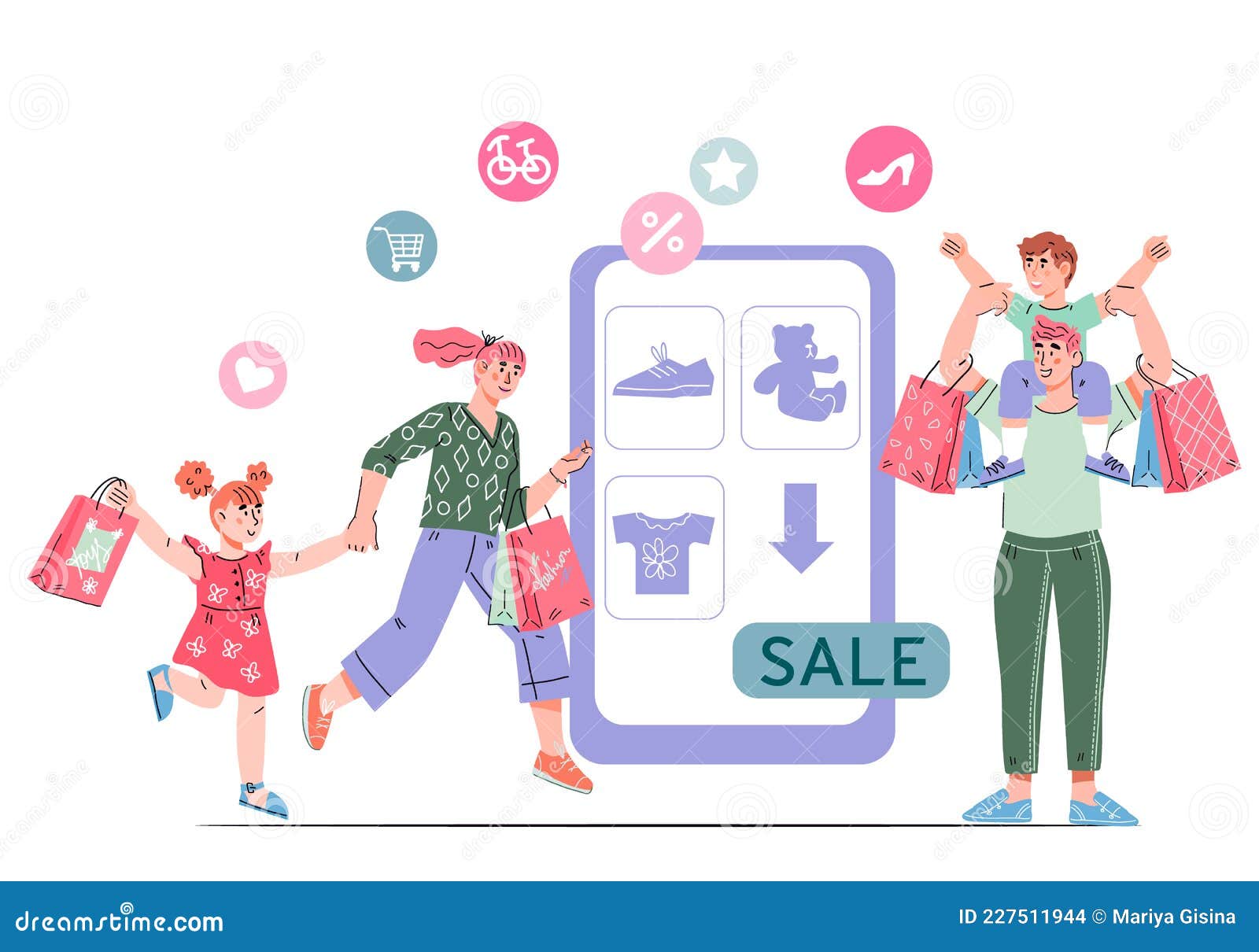 Familia Comprando Ropa Y Artículos En Venta En Línea Vectores