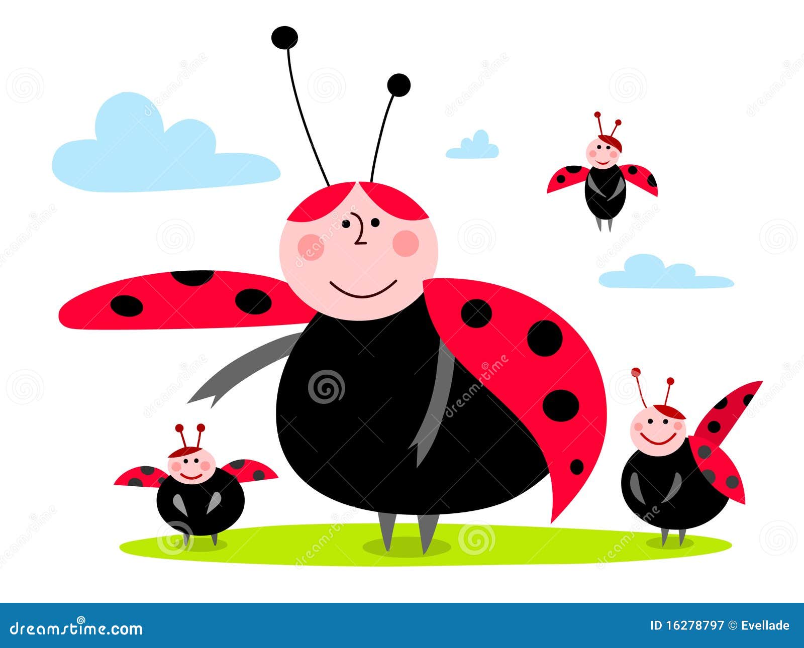 Familia del Ladybug. Ilustración del ladybug de la historieta con su familia. En un fondo blanco.