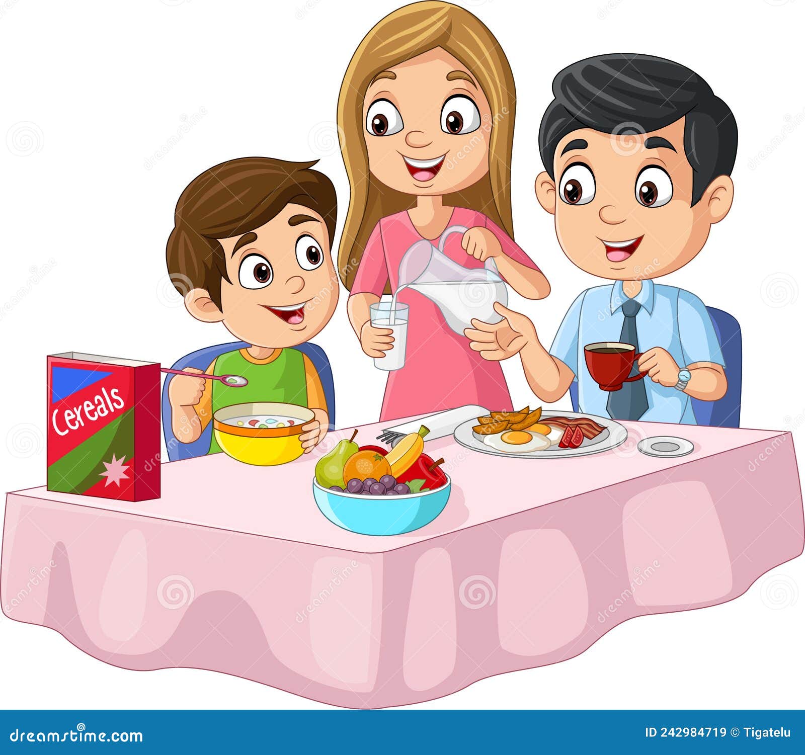 Familia Feliz De Dibujos Animados Desayunando En La Mesa Ilustración del  Vector - Ilustración de hembra, bebida: 242984719