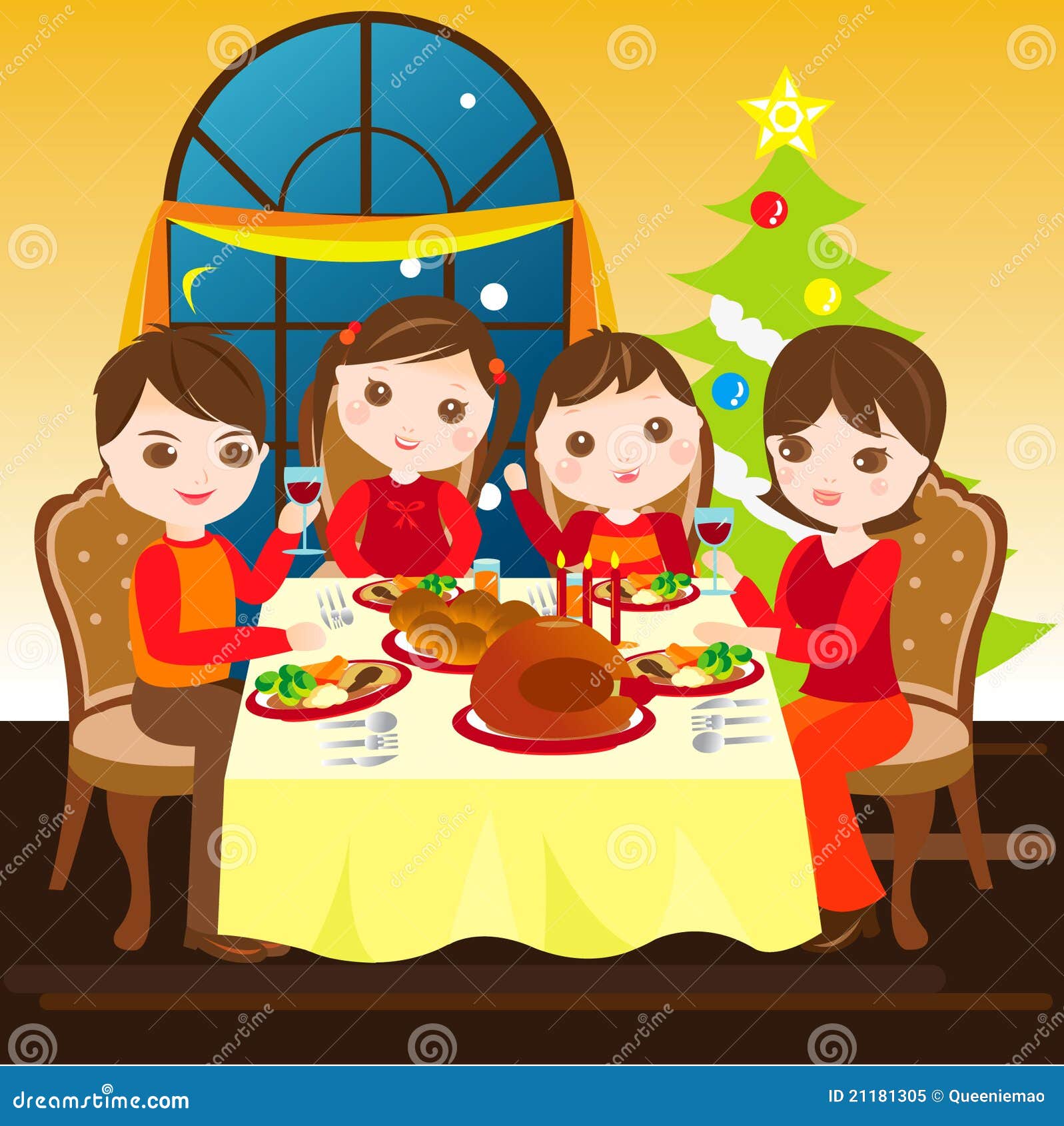 Familia Que Cena La Navidad Junto Stock de ilustración Ilustración de