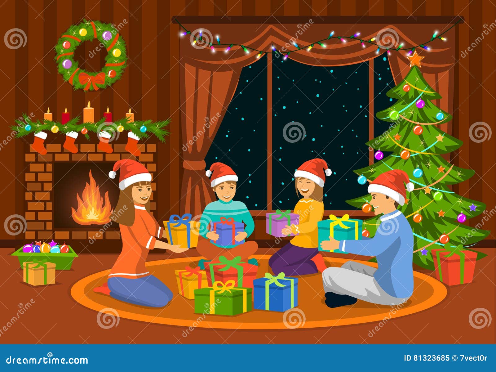 Familia Que Se Sienta En Sala De Estar En El Piso En La Chimenea Y El árbol  De Navidad Adornado, Intercambiando Presentes De Navi Ilustración del  Vector - Ilustración de casero, lindo: