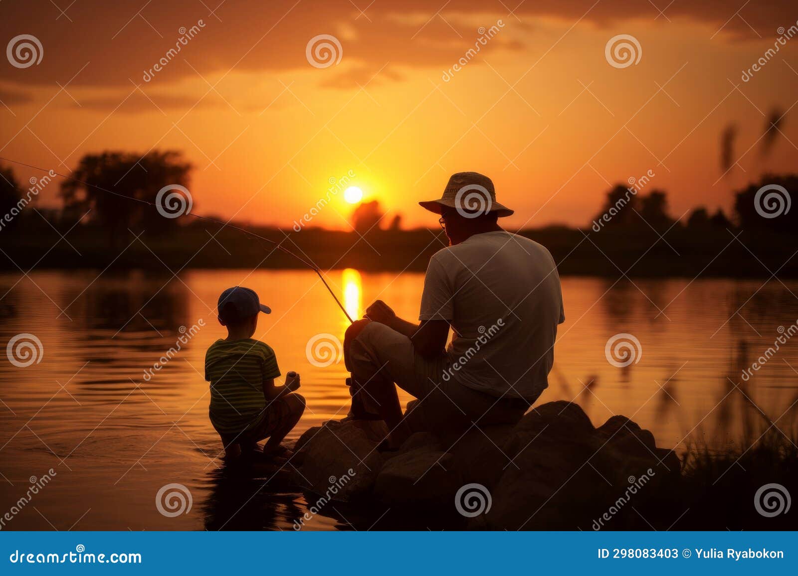 familial grandfather grandson fishing sunset. generate ai