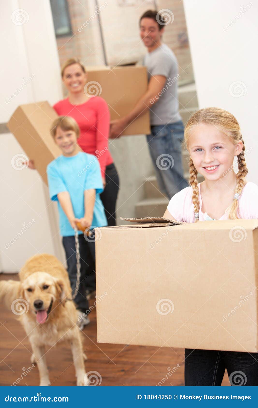 Familie Mit Hund Auf Beweglicher Daycarrying Pappe BO Stockfoto Bild