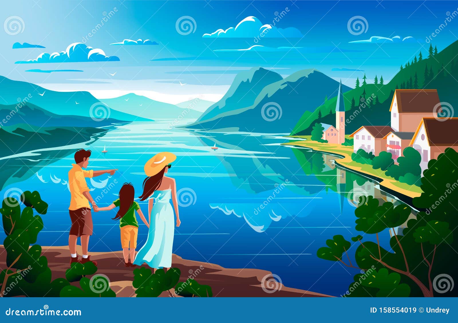Download Family Admires Nature, Beautiful Mountain Landscape With ...