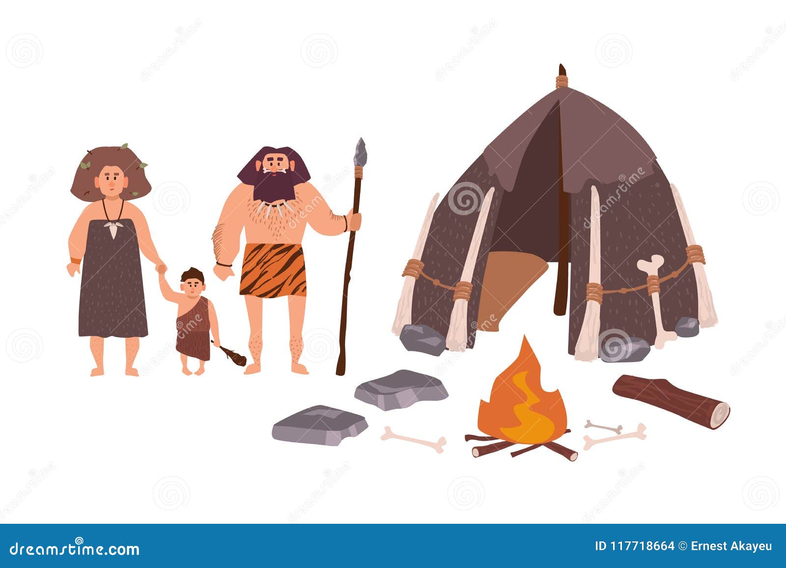 family of ancient people, cavemen, primitive men or archaic human. mother, father and son standing beside their dwelling