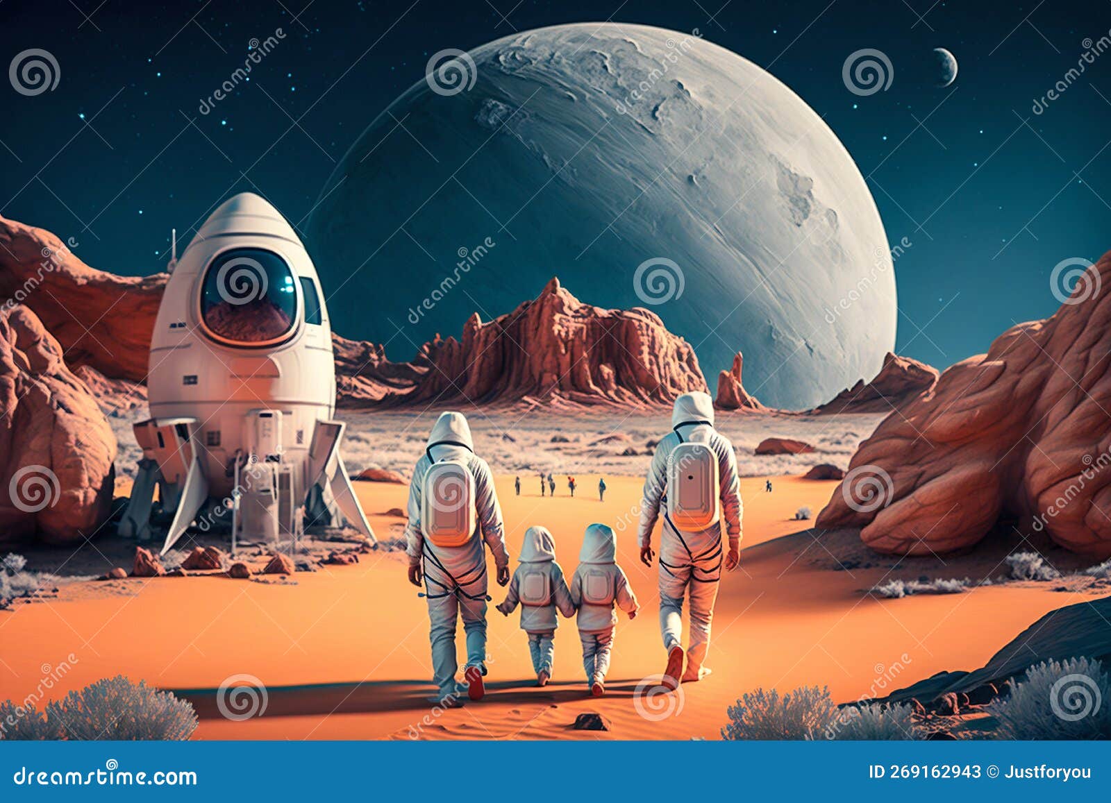 family astronauts tourists colonizers vacation trip on other planet. generative ai